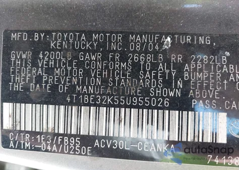 2005 Toyota Camry Le z USA, uszkodzony, nr VIN 4T1BE32K55U955026